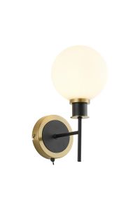 Salas Switched Wall Light, 1 Light E14 With 15cm Round Glass Shade, Brass, Opal & Satin Black