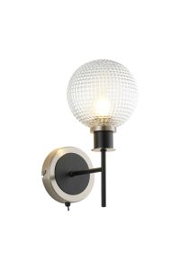 Salas Switched Wall Light, 1 Light E14 With 15cm Round Textured Diamond Pattern Glass Shade, Satin Nickel, Clear & Satin Black