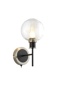 Salas Switched Wall Light, 1 Light E14 With 15cm Round Ribbed Glass Shade, Satin Nickel, Clear & Satin Black