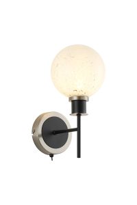 Salas Switched Wall Light, 1 Light E14 With 15cm Round Speckled Glass Shade, Satin Nickel, White & Satin Black