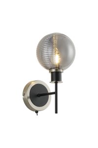 Salas Switched Wall Light, 1 Light E14 With 15cm Round Double Textured Smooth/Ribbed Glass Shade, Satin Nickel, Smoke Plated & Satin Black