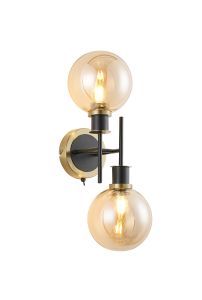 Salas Switched Wall Light, 2 Light E14 With 15cm Round Glass Shade, Brass, Amber Plated & Satin Black