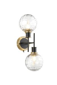 Salas Switched Wall Light, 2 Light E14 With 15cm Round Textured Melting Glass Shade, Brass, Clear & Satin Black
