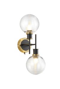 Salas Switched Wall Light, 2 Light E14 With 15cm Round Ribbed Glass Shade, Brass, Clear & Satin Black