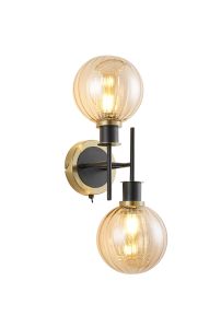 Salas Switched Wall Light, 2 Light E14 With 15cm Round Segment Glass Shade, Brass, Amber Plated & Satin Black