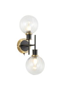 Salas Switched Wall Light, 2 Light E14 With 15cm Round Segment Glass Shade, Brass, Clear & Satin Black