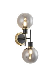 Salas Switched Wall Light, 2 Light E14 With 15cm Round Glass Shade, Brass, Smoke Plated & Satin Black