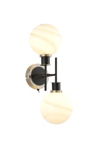 Salas Switched Wall Light, 2 Light E14 With 15cm Round White & Grey Marble Effect Glass Shade, Satin Nickel & Satin Black Framework