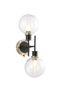 Salas Switched Wall Light, 2 Light E14 With 15cm Round Ribbed Glass Shade, Satin Nickel, Clear & Satin Black