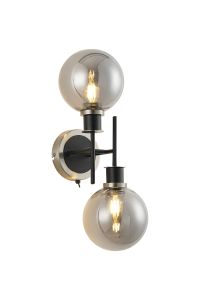 Salas Switched Wall Light, 2 Light E14 With 15cm Round Glass Shade, Satin Nickel, Smoke Plated & Satin Black