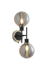 Salas Switched Wall Light, 2 Light E14 With 15cm Round Double Textured Smooth/Ribbed Glass Shade, Satin Nickel, Smoke Plated & Satin Black
