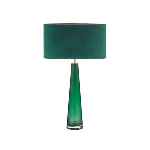 Samara 1 Light E27 Green Glass Table Lamp With Inline Switch C/W Akavia Green Velvet Drum Shade With Self Coloured Cotton Lining