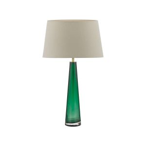 Samara 1 Light E27 Green Glass Table Lamp With Inline Switch C/W Cezanne Taupe Faux Silk Tapered 35cm Drum Shade