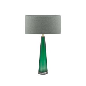 Samara 1 Light E27 Green Glass Table Lamp With Inline Switch C/W Pyramid Grey Linen 35cm Drum Shade