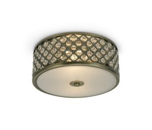 Sasha 2 Light E14, Flush Ceiling Light, 30cm Round, Antique Brass With Crystal Glass And Opal Glass Diffuser