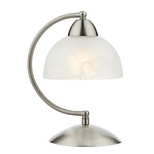 Saxby 1 Light E14 Satin Chrome Curved Arm 3 Stage Touch Table/Desk Lamp With Alabaster Glass Shade