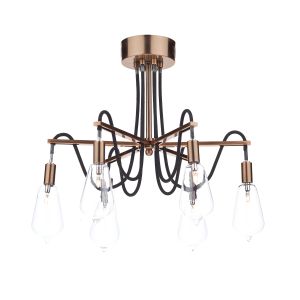 Scroll 6 Light G4 Copper Frame With Black Braided Cable Semi Flush Fitting With Vintage Style Light Bulb Glass Shades
