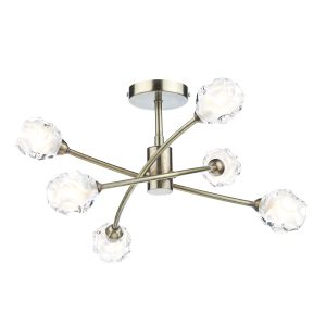 Seattle 6 Light G9 Antique Brass Semi Flush Ceiling Light With Clear Sculptured Glass Shade With Frosted Inner Detail