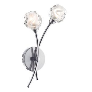Seattle 2 Light G9 Satin Chrome Wall Light With Pull Cord With Clear Sculptured Glass Shade With Frosted Inner Detail