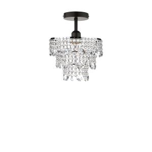 Riva 1 Light E27 Black Semi Flush Ceiling Fixture C/W Polished Chrome Shade With Crystal Glass Beads & Droppers