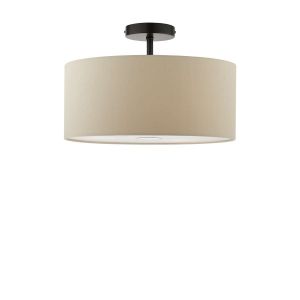 Riva 1 Light E27 Black Semi Flush Ceiling Fixture C/W Slate Grey Faux Silk 40cm Drum Shade With Soft White Acrylic Diffuser