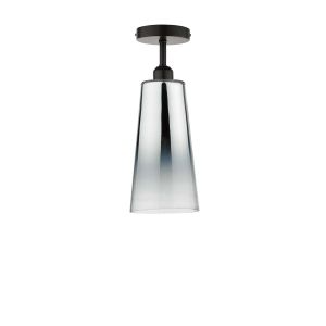 Riva 1 Light E27 Black Semi Flush Ceiling Fixture C/W Smoked Mirror Cone Shaped Glass Shade