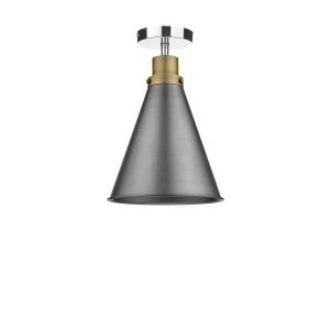 Riva 1 Light E27 Chrome Semi Flush Ceiling Fixture C/W Aged Brass With Antique Chrome Metal Cone Shaped Shade