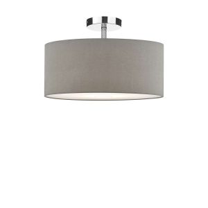 Riva 1 Light E27 Chrome Semi Flush Ceiling Fixture C/W White Smooth Faux Silk 60cm Drum Shade With Soft White Acrylic Diffuser