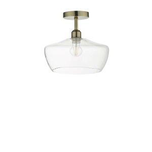 Riva 1 Light E27 Antique Brass Semi Flush Ceiling Fixture C/W Clear Hand Blown Glass Shade