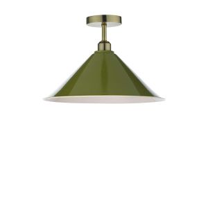Riva 1 Light E27 Antique Brass Semi Flush Ceiling Fixture C/W Olive Green Metal Shade With White Inner