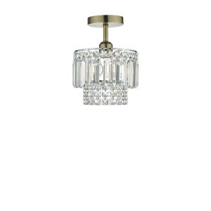 Riva 1 Light E27 Antique Brass Semi Flush Ceiling Fixture C/W Polished Chrome Shade With Crystal Glass Droppers