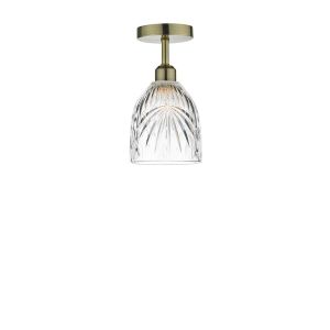 Riva 1 Light E27 Antique Brass Semi Flush Ceiling Fixture C/W Clear Cut Glass Shade With Palm Leaf-Style Engravings