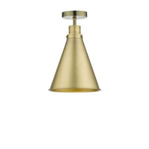 Riva 1 Light E27 Antique Brass Semi Flush Ceiling Fixture C/W Aged Brass Metal Cone Shaped Shade