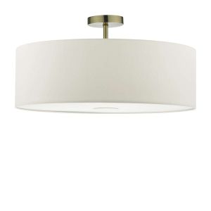 Riva 1 Light E27 Antique Brass Semi Flush Ceiling Fixture C/W White Smooth Faux Silk 60cm Drum Shade With Soft White Acrylic Diffuser