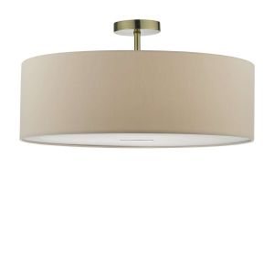 Riva 1 Light E27 Antique Brass Semi Flush Ceiling Fixture C/W Taupe Faux Silk 60cm Drum Shade With Soft White Acrylic Diffuser
