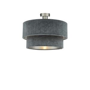 Edie 1 Light E27 Antique Chrome Semi Flush C/W Cool Grey Velvet Shade With A Silver Metallic Lining