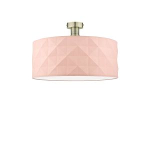 Edie 1 Light E27 Antique Brass Semi Flush C/W Pink Cotton Drum Shade With Diamond Pattern Design & Complete With A Removable Diffuser