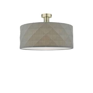 Edie 1 Light E27 Antique Brass Semi Flush C/W Grey Cotton Drum Shade With Diamond Pattern Design & Complete With A Removable Diffuser