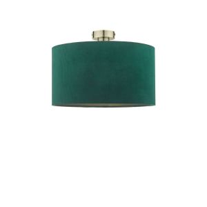 Edie 1 Light E27 Antique Brass Semi Flush C/W Green Velvet Drum Shade With Self Coloured Cotton Lining