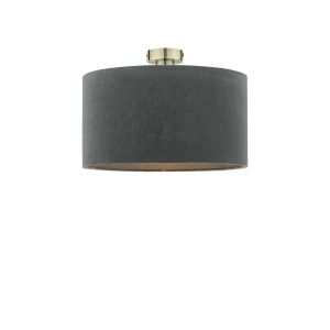 Edie 1 Light E27 Antique Brass Semi Flush C/W Grey Velvet Drum Shade With Self Coloured Cotton Lining