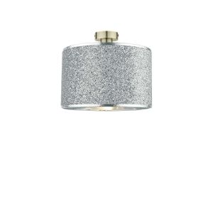 Edie 1 Light E27 Antique Brass Semi Flush C/W Silver Flitter Finish Shade Shade With A Silver Inner