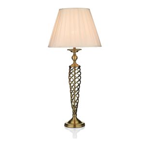 Siam 1 Light E27 Antique Brass Woven Open Metal Table Lamp With Inline Switch C/W White Cotton Pleated Tapered Drum Shade