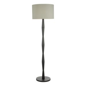 Sierra 1 Light E27 Black Solid Wood Geometric Floor Lamp With Inline Foot Switch C/W Pyramid Grey Linen 46cm Drum Shade