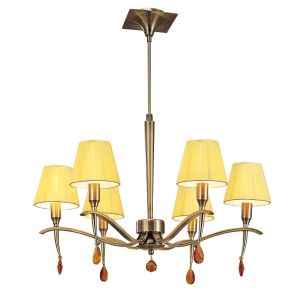 Siena Pendant Round 6 Light E14, Antique Brass With Amber Ccrain Shades And Amber Crystal