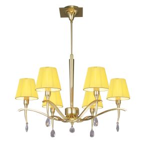 Siena Pendant Round 6 Light E14, Polished Brass With Amber Ccrain Shades And Clear Crystal
