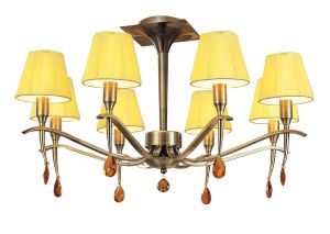 Siena 63cm Semi Flush Round 6 Light E14, Antique Brass With Amber Cream Shades And Amber Crystal