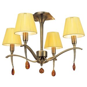Siena 55cm Semi Flush Round 4 Light E14, Antique Brass With Amber Cream Shades And Amber Crystal