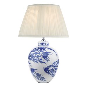 Simone 1 Light E27 Blue & White Ceramic Table Lamp With Inline Switch C/W Ulyana Ivory Faux Silk Pleated 35cm Shade
