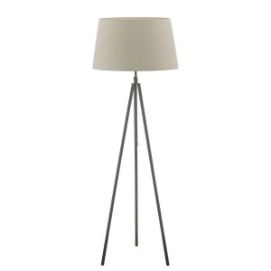 Skate 1 Light E27 Matt Black Adjustable Tripod Floor Lamp With Foot Switch C/W Cezanne Taupe Faux Silk Tapered 45cm Drum Shade