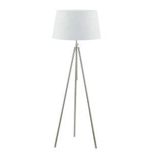 Ska 1 Light E27 Polished Chrome Adjustable Tripod Floor Lamp With Foot Switch C/W Cezanne White Faux Silk Tapered 45cm Drum Shade